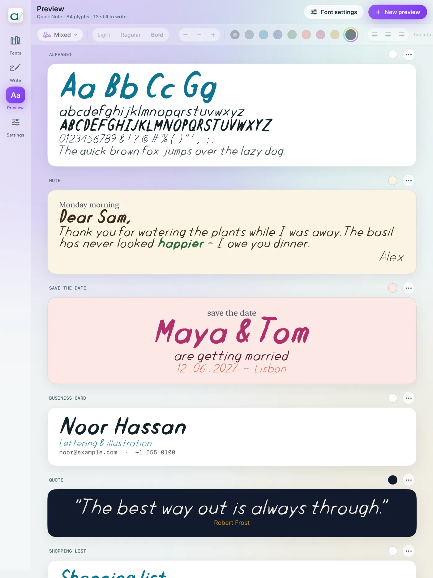 Previewing a handwriting font