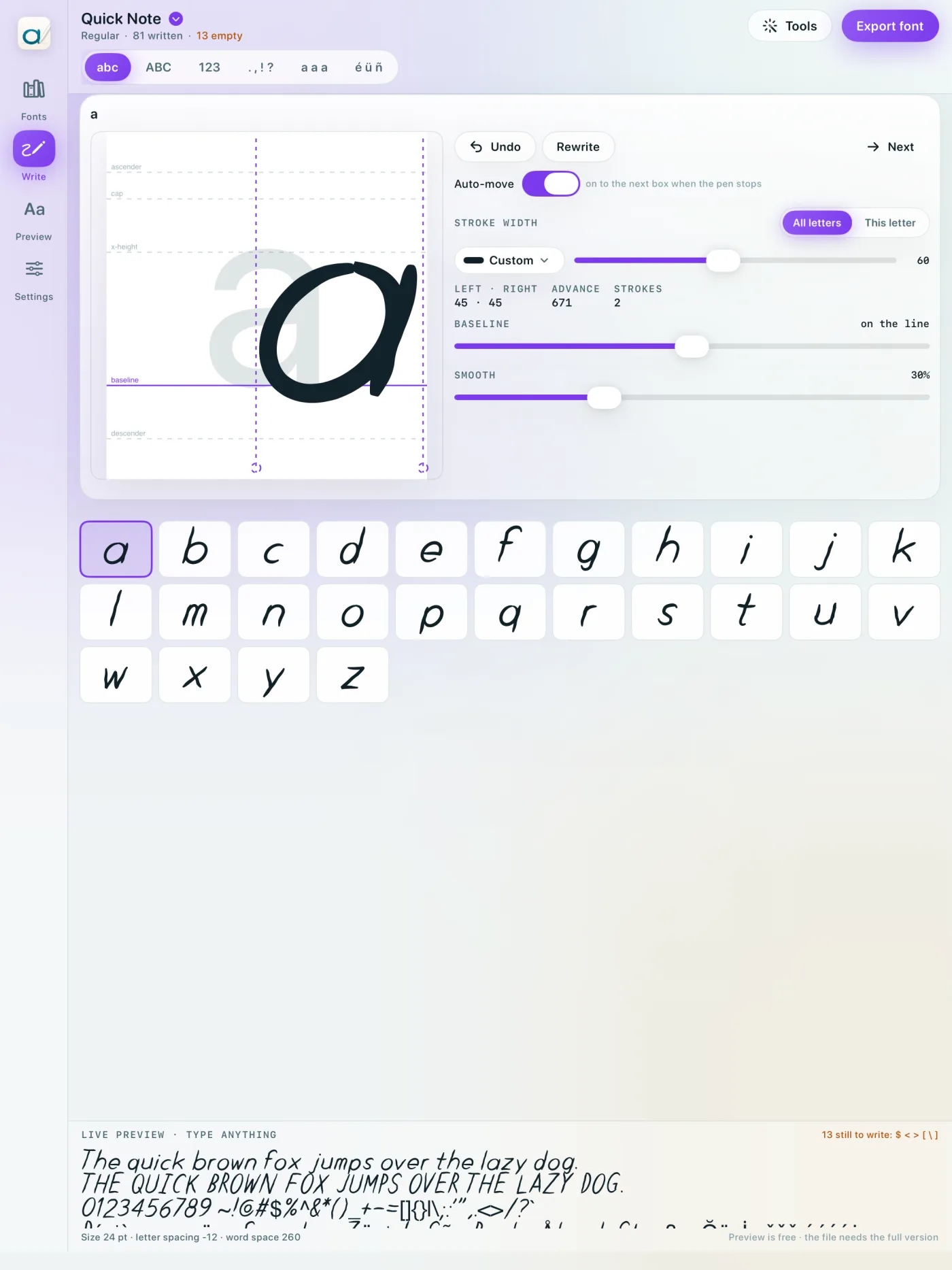 Writing letters in Inkfont